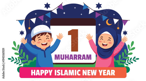 Islamic New Year Celebration Illustration featuring Happy Muslim Children with 1 Muharram Hijri Calendar Banner