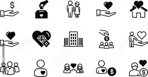 Food Assistance Solid Icon Set Featuring Charity Nutrition Symbols Hunger Relief Global Support Community Welfare and Humanitarian Aid Vector Illustration Design