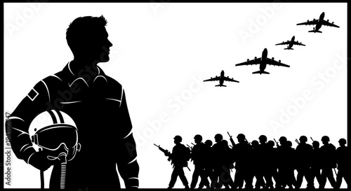 Pilot and Soldiers Silhouette with Airplanes Formation