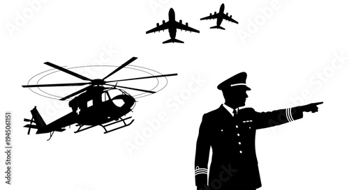 Pilot directing aircraft, helicopter and airplanes in silhouette