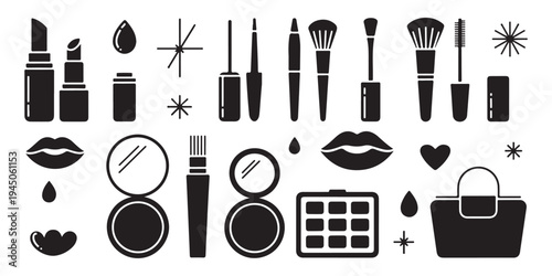 Set of black and white makeup cosmetic beauty fashion elements icons vector illustration bundle