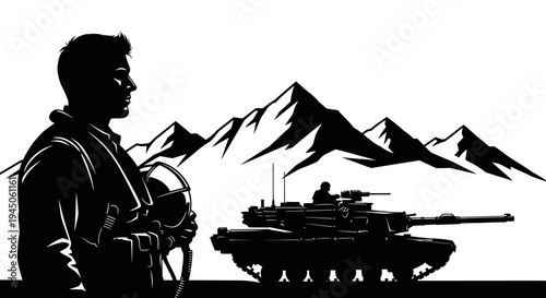 Pilot Silhouette with Tank and Mountains - Military Power and Aviation