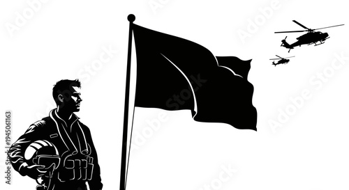 Pilot with Flag and Helicopter, Military, Freedom, Victory, Patriotism