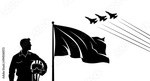 Pilot Silhouette with Flag and Jets