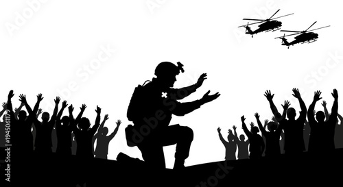 Police Officer Kneeling Amidst Crowd with Helicopters Overhead