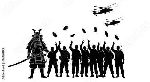 Samurai Warrior and Soldiers with Helicopters Dropping Supplies