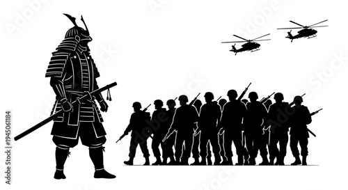 Samurai Warrior Facing Modern Army and Helicopters: Past Meets Present Conflict