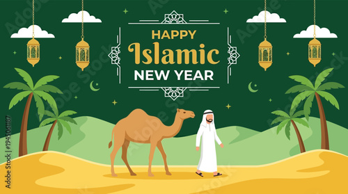 Islamic New Year Hijri Greeting Card with Arabic Man and Camel in Desert Landscape with Lanterns and Palm Trees