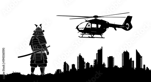 Samurai Warrior Stands Against Helicopter Over Cityscape Silhouette