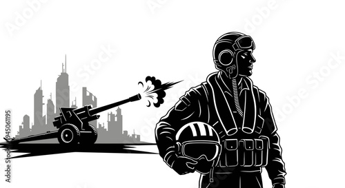 Pilot with Cannon Firing in Cityscape Background, Military Concept