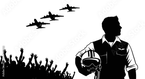 Pilot with Jet Formation and Cheering Crowd, Aviation Celebration