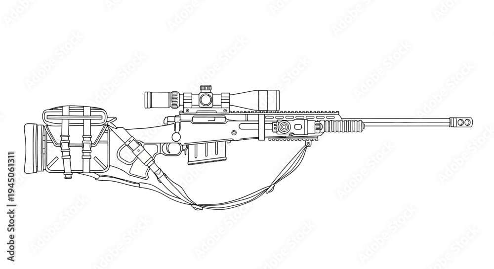 Obraz premium Sniper Rifle with Scope and Sling - Detailed Line Drawing