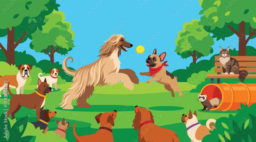 Fototapeta premium Happy Diverse Dog Breeds Playing at Pet Park Illustration with Cat and Ferret Vibrant Animal Community Scene