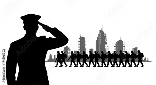 Silhouette of Soldier Saluting in Front of Ruined Cityscape and Marching Troops