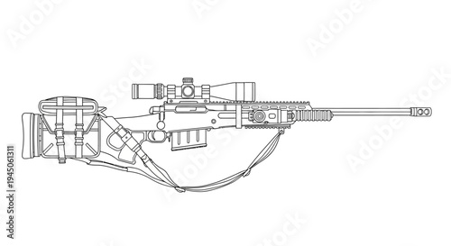 Sniper Rifle with Scope and Sling - Detailed Line Drawing