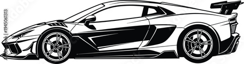 High performance supercar vector silhouette, black and white sports car side view illustration, racing vehicle graphic for automotive design projects, luxury