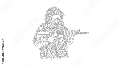 Sniper Soldier Camouflage Ghillie Suit Holding Assault Rifle - Line Art