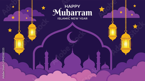 Happy Muharram Islamic New Year Celebration Background with Mosque Silhouette and Lanterns for Religious Greeting Card