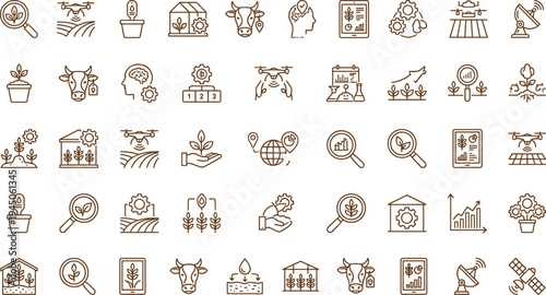 Smart agriculture technology line icon set with drones crop monitoring livestock analytics greenhouse farming and precision agriculture