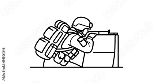 Soldier aiming rifle from cover, tactical gear, military action, combat scene illustration