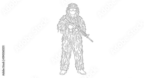 Sniper Soldier in Ghillie Suit with Rifle, Camouflage, Military, Warfare Concept