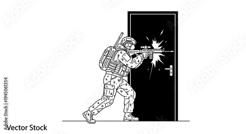 Soldier breaching door with assault rifle, tactical entry, military operation, action scene
