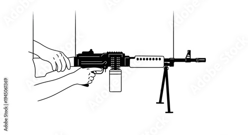 Soldier holding a machine gun with bipod and ammo box, military weapon illustration