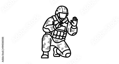 Soldier in Camouflage Kneeling with Hands Up, Surrender or Halt Gesture
