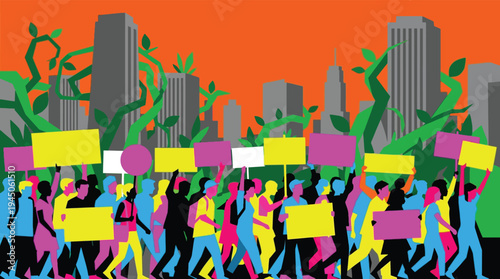 Colorful Diverse Group of People Protesting for Environmental Change in Modern City with Green Nature and Blank Signs