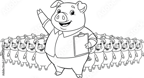 Happy Pig Leader Holding Clipboard Standing in Front of Group of Pigs Cartoon Vector Illustration for Business Management and Leadership