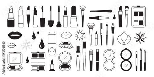 Set of beauty makeup items and cosmetics lipstick eyeshadow mascara brushes and powder isolated on white background