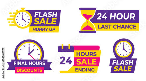 Vibrant Set of Flash Sale and 24 Hour Countdown Badges for Ecommerce Marketing Promos and Retail Urgency Ads