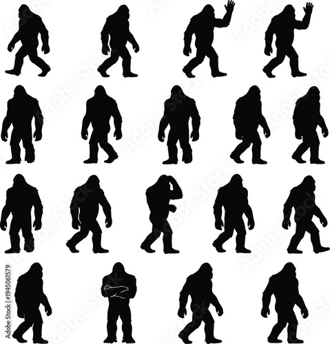 Black silhouette Bigfoot Sasquatch illustrations in multiple poses including walking, standing, waving, mythical creature artwork for folklore design