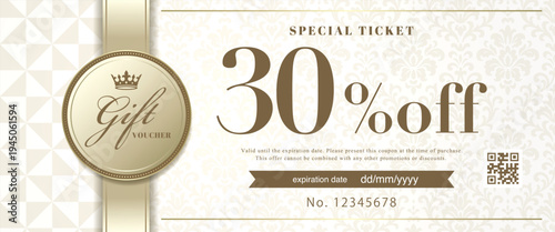 Luxury White Gold Gift Voucher Template – Elegant Coupon Card with Damask Pattern, Ribbon and Badge for Special Offer, Discount Ticket
