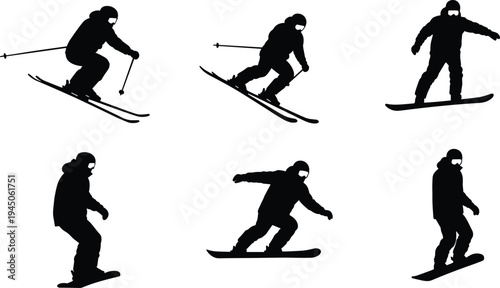 Black silhouette illustration of skier and snowboarder in action poses, extreme winter sports vector design, outdoor adventure, skiing and snowboarding clipart set