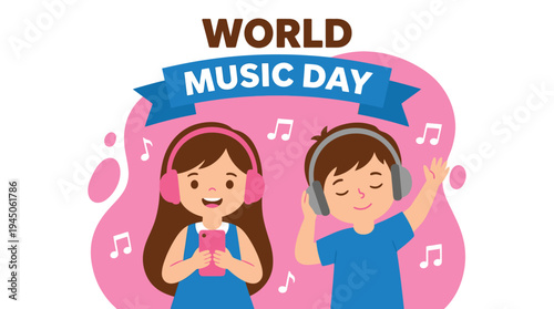 World Music Day Illustration with Happy Children Listening to Music on Headphones and Smartphone Vector Graphic