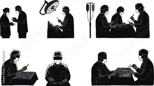 Black silhouette illustration of surgeons performing surgery in operating room, medical team vector design, doctor and patient clipart, hospital healthcare artwork set