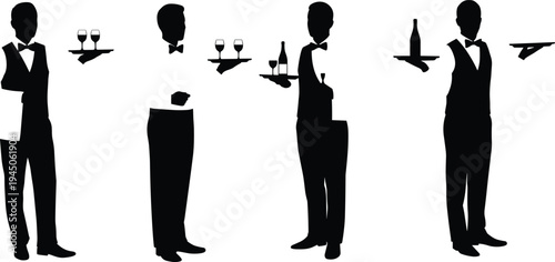 Black silhouette illustration of waiters serving drinks with tray, hospitality staff vector design, restaurant service clipart, bartender and catering professional artwork set