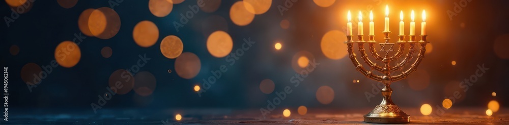 Fototapeta premium Golden menorah & Star of David, sparkling bokeh background, menorah, art