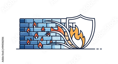 A blue-grey brick wall with multiple orange flames emanating from its left side is partially blocked by a white outline shield on a plain white background.