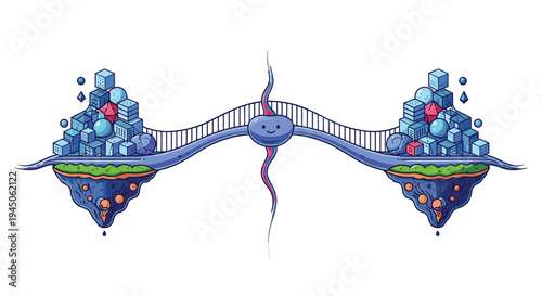 Two distinct floating blue landmasses topped with piles of blue geometric shapes are connected by an arched blue bridge featuring a central smiling cartoon face.