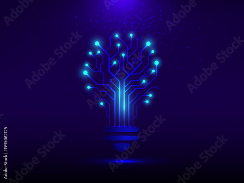 Digital light bulb concept with circuit board lines and glowing nodes, futuristic innovation and creative technology idea vector.