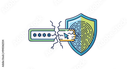 A cracked password input field with asterisks is being breached by a cursor, while a blue and green shield displaying a fingerprint pattern stands to the right.