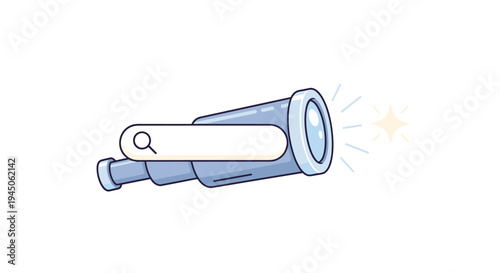 A light blue telescope oriented horizontally features a prominent white search bar with a magnifying glass icon positioned along its side pointing towards a small sparkling star.