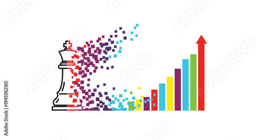 A black outlined chess king piece is dissolving into multicolored square pixels that form an ascending bar graph with a red upward arrow on a white background.