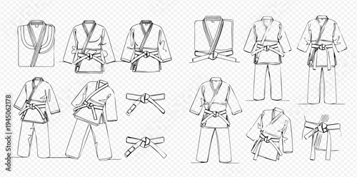 Hand-drawn sketch set of martial arts uniforms, including karate, judo, and taekwondo gis with various belts.