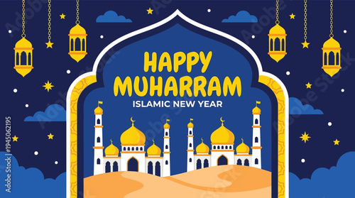 Happy Muharram Islamic New Year Greeting Banner with Mosque Architecture and Lanterns Night Sky Illustration Background