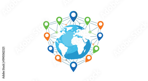 A blue and green globe is centered and surrounded by interconnected colorful location pins forming a network on a plain white background.