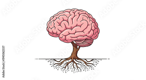 A detailed pink human brain forms the canopy of a tree with a brown trunk and circuit board roots on a plain white background.