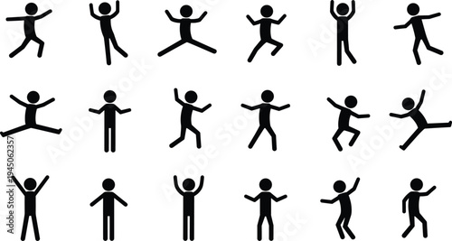 Black silhouette stick figures vector illustration, human body actions, people movement poses, exercise jumping running dancing design, fitness activity artwork, lifestyle body graphics